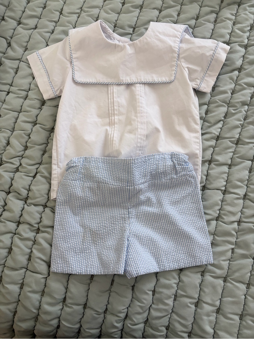 The Beaufort Bonnet Company White Sailor Top with Light Blue Seersucker Shorts